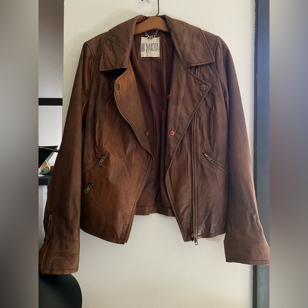 BB Dakota Distressed Brown Real Leather Moto Jacket - Medium